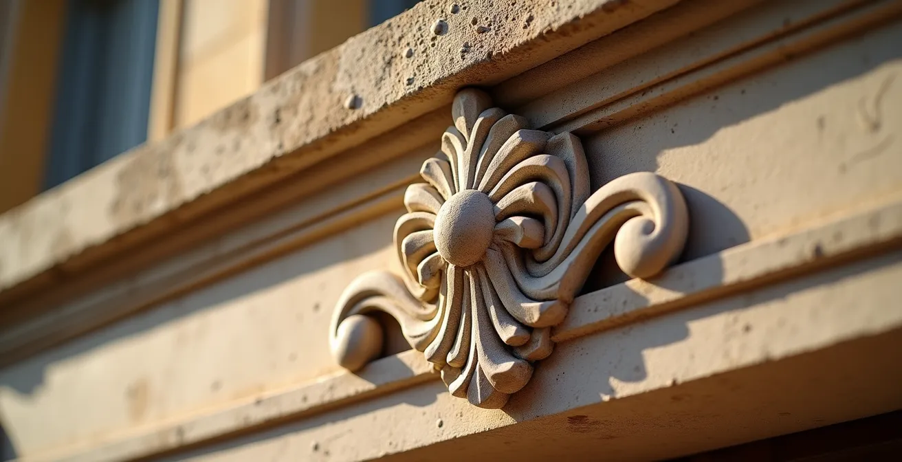 Close-up detail of Belle Époque architectural facade on La Croisette showing ornate stone carvings and craftsmanship