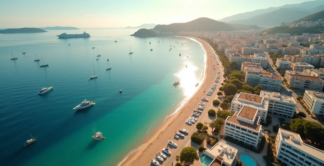 Aerial view of Cannes' prestigious coastline with Mediterranean luxury architecture and yachts