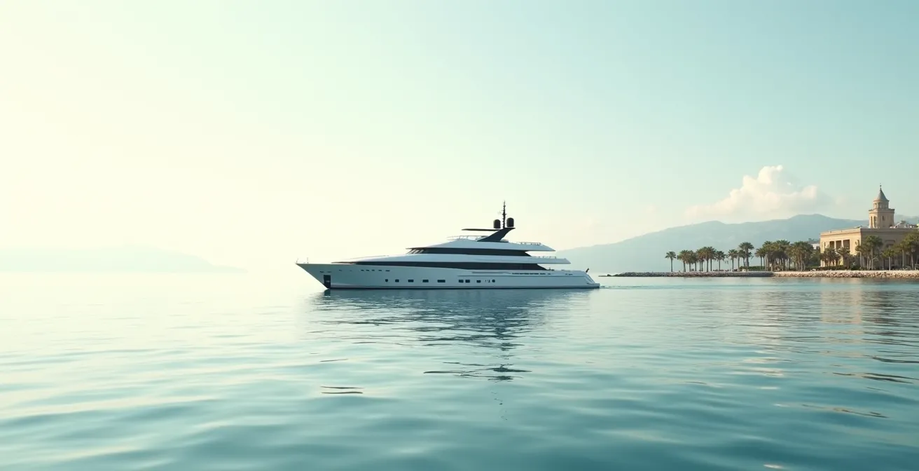 Serene Mediterranean yacht anchored near Cannes coastline with historic architecture silhouetted against calm waters