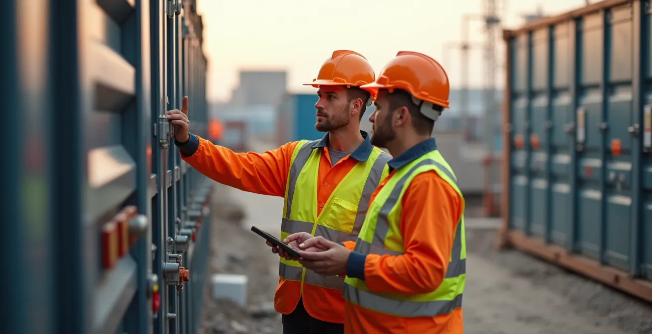 Construction site manager and electrician in safety gear working with battery management system monitoring screen and equipment