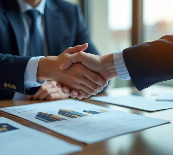 Professional meeting between financial advisor and property investor discussing French real estate documents