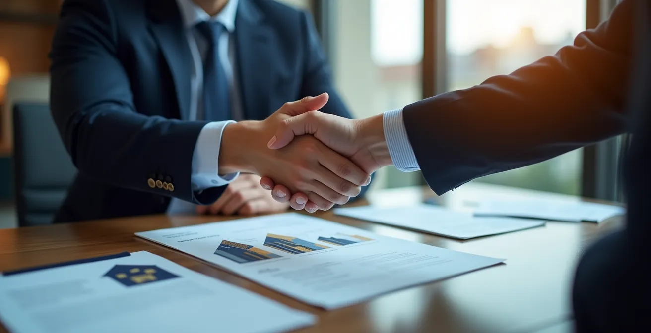 Professional meeting between financial advisor and property investor discussing French real estate documents