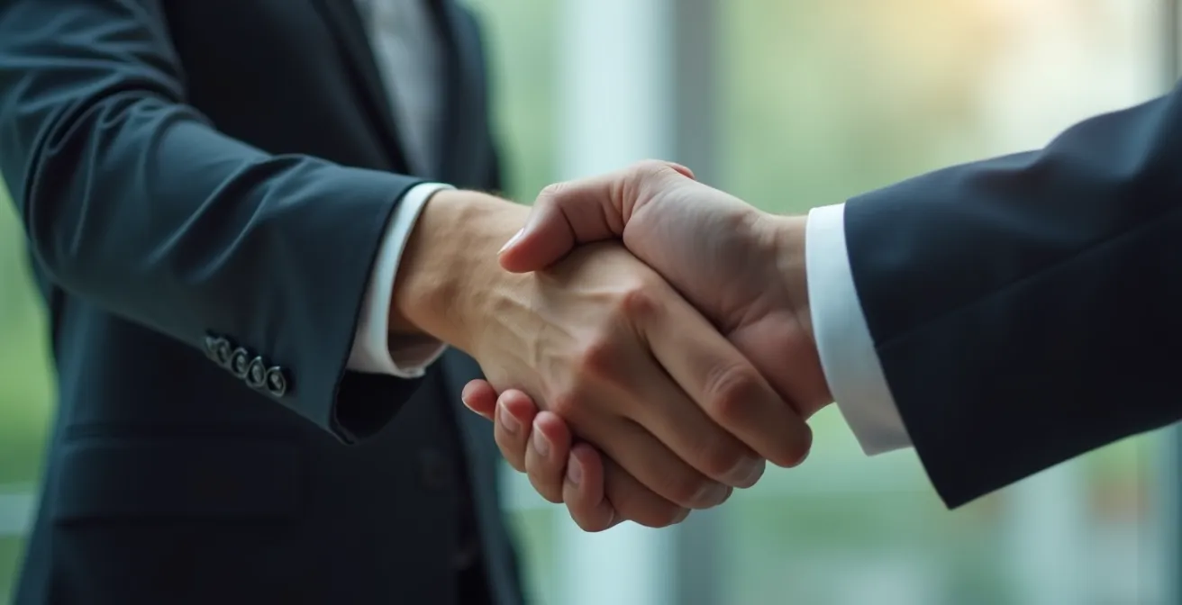 Close-up of two hands shaking in a well-lit office, symbolizing contract agreement and mutual understanding