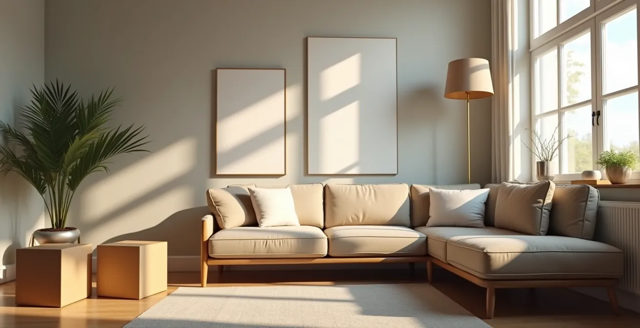 A cozy and well-organized living room in a newly unpacked home