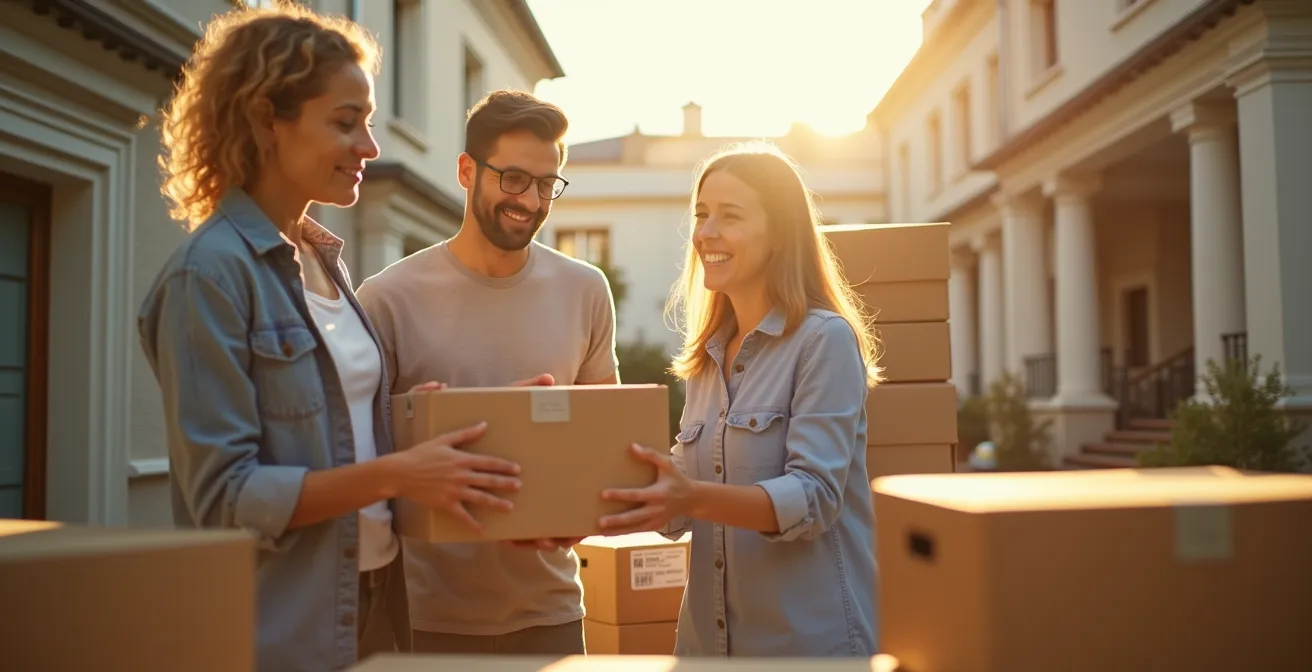 Scene showing a family coordinating moving activities with professional movers in an orderly fashion