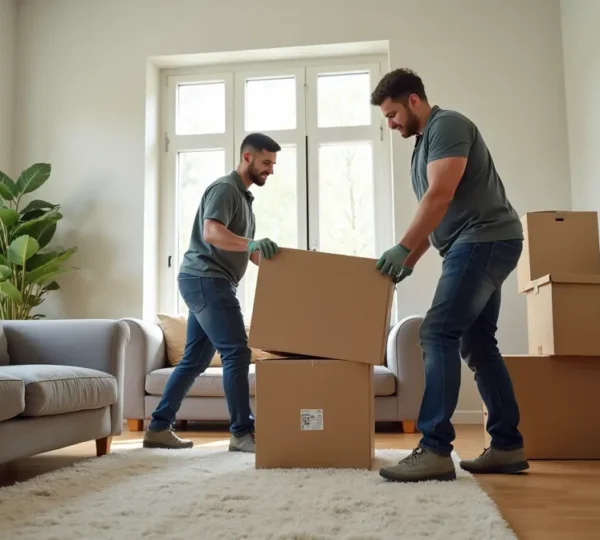 Illustration showing a team of professional movers carefully handling furniture and boxes in a modern home environment