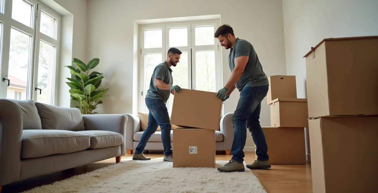 Illustration showing a team of professional movers carefully handling furniture and boxes in a modern home environment