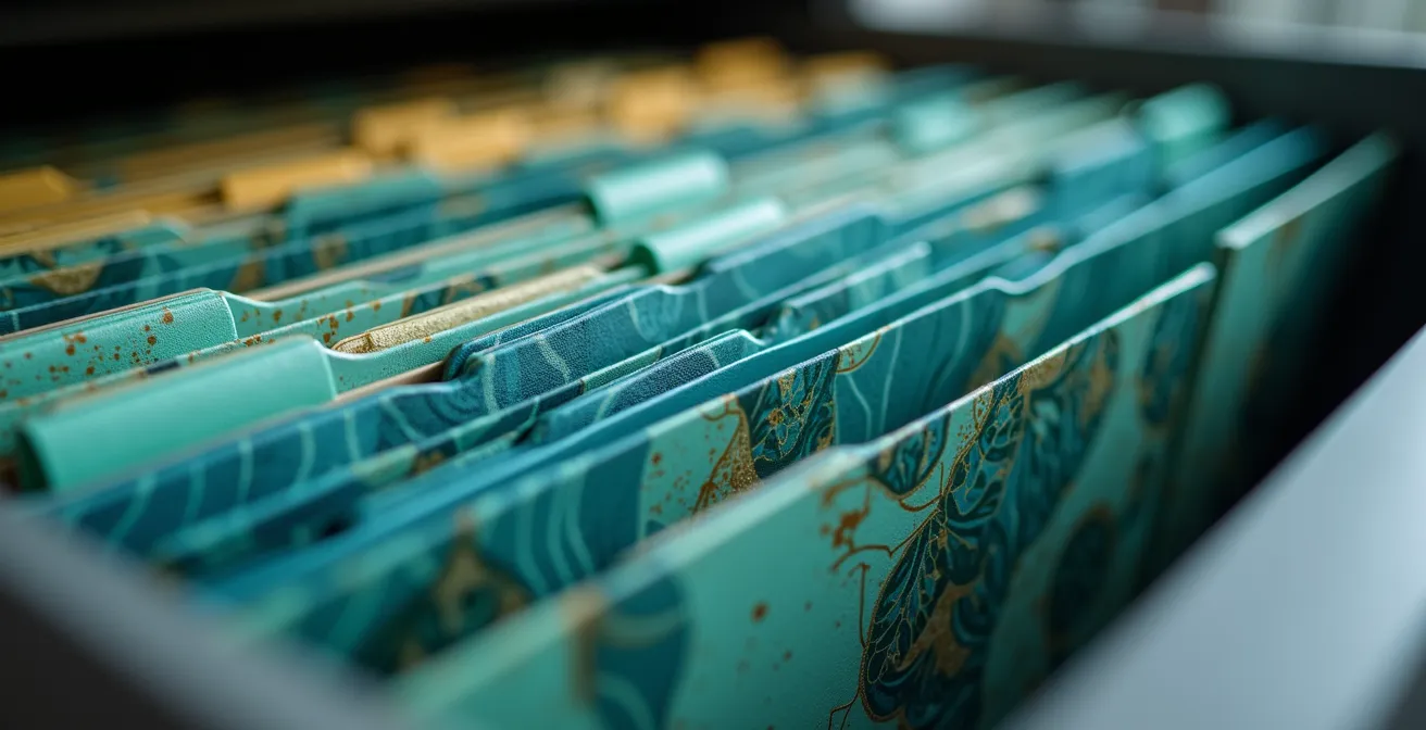 Organized filing system with color-coded folders and professional documentation storage