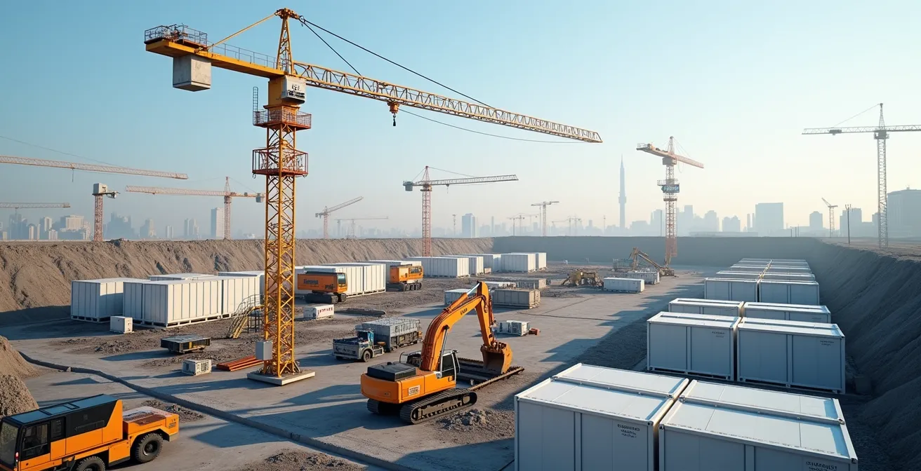 Construction site with renewable energy infrastructure and zero-emission equipment operating in integrated harmony