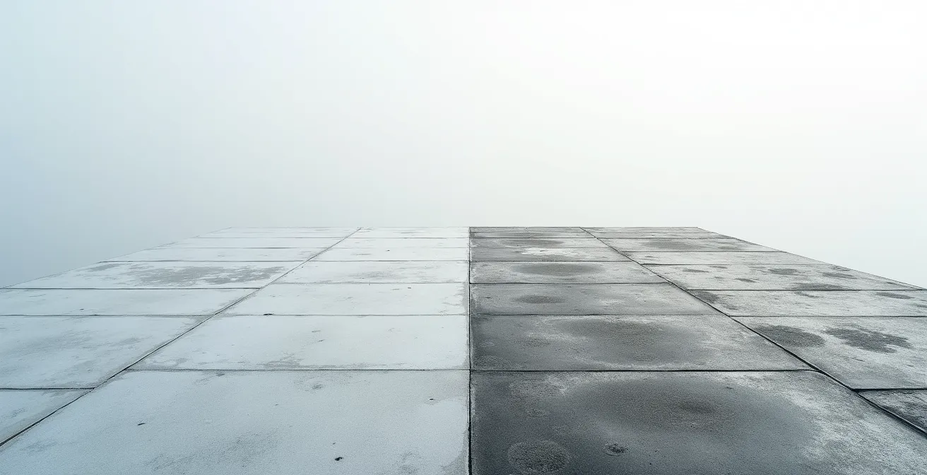 Wide shot showing contrast between new and weathered sections of steep roof installation