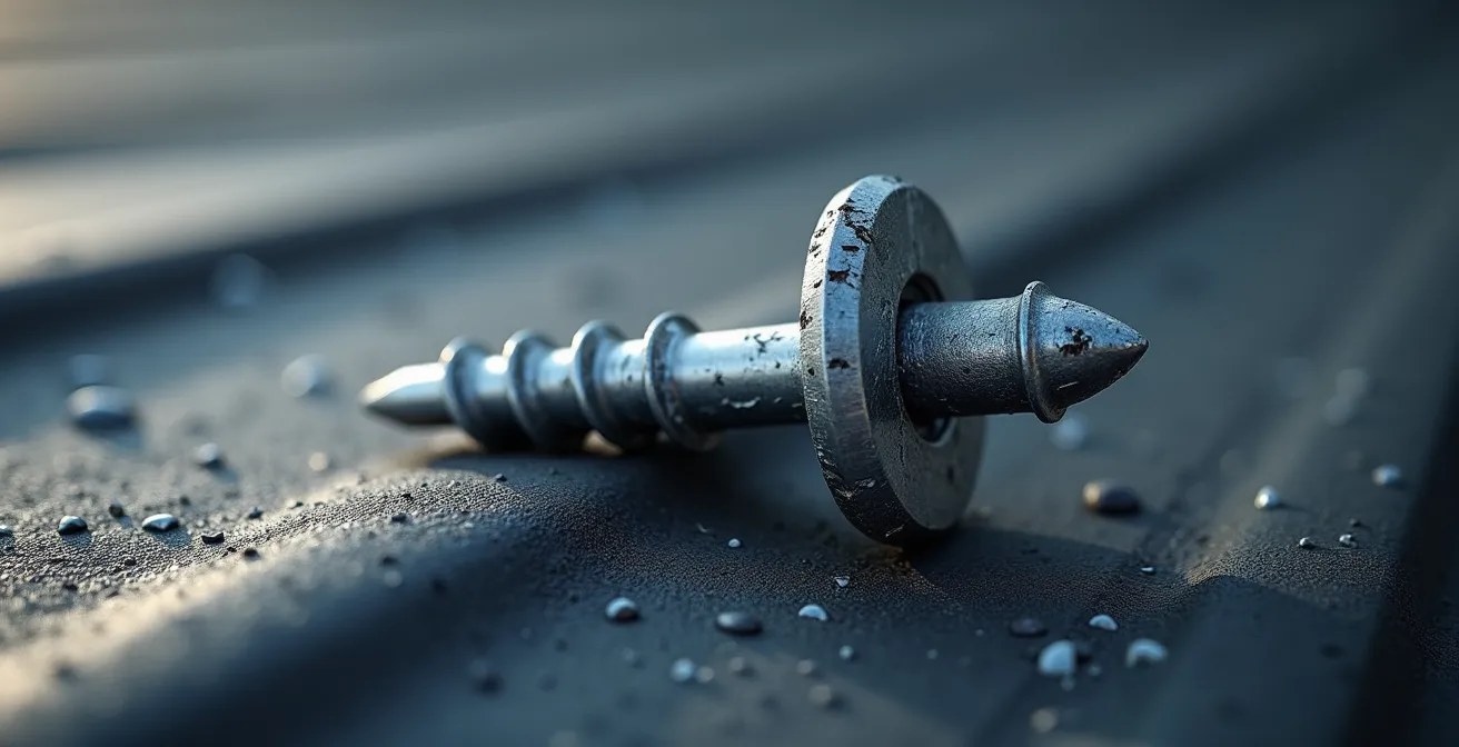 Extreme close-up of roofing fastener under stress showing microscopic material deformation