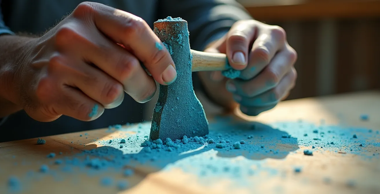 Close-up of hands snapping a bright blue chalk line on fresh plywood decking