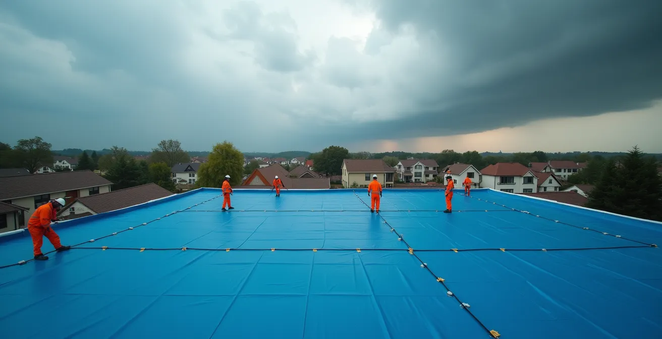 Wide angle view of construction crew installing protective tarp system on partially completed roof