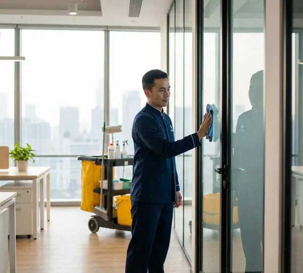 Professional cleaner completing glass door cleaning in modern Toronto office with cityscape visible