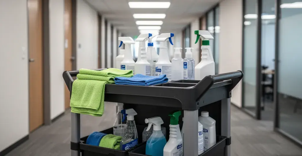Commercial cleaning cart with organized professional supplies in office corridor